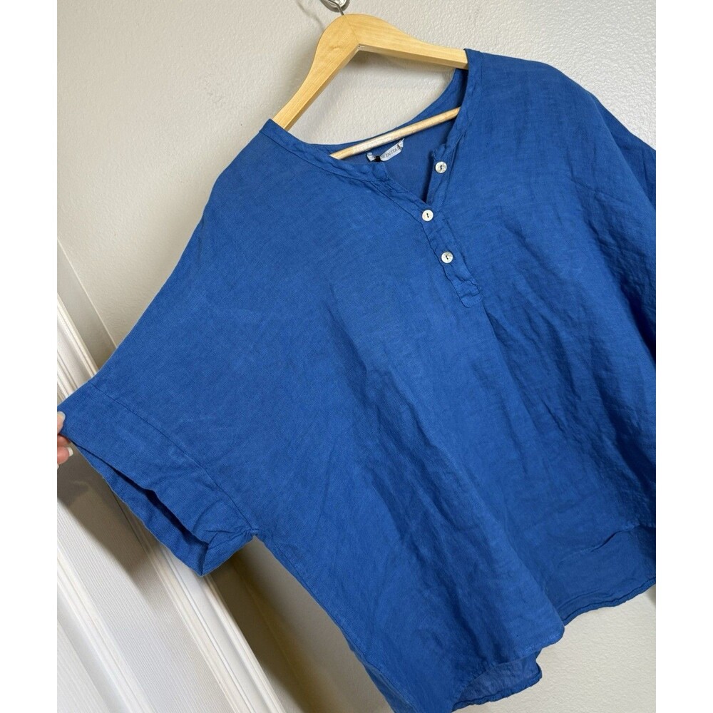 Cezanne Women's Relaxed Linen Button Henley Top - Royal Blue